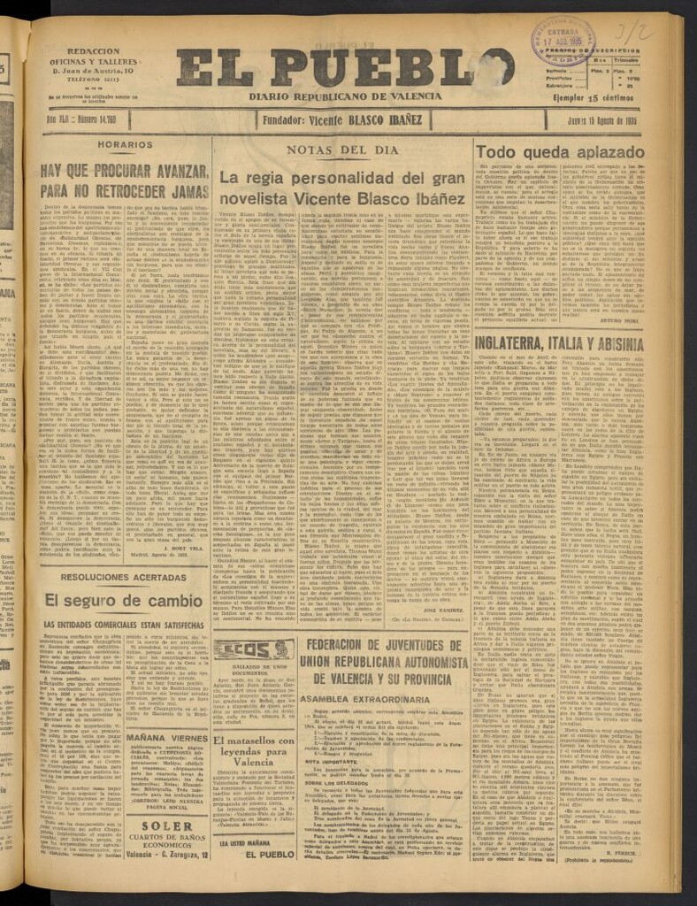 Miniatura de El Pueblo : Diario republicano de Valencia del 15 de agosto de 1935, nº 14.760