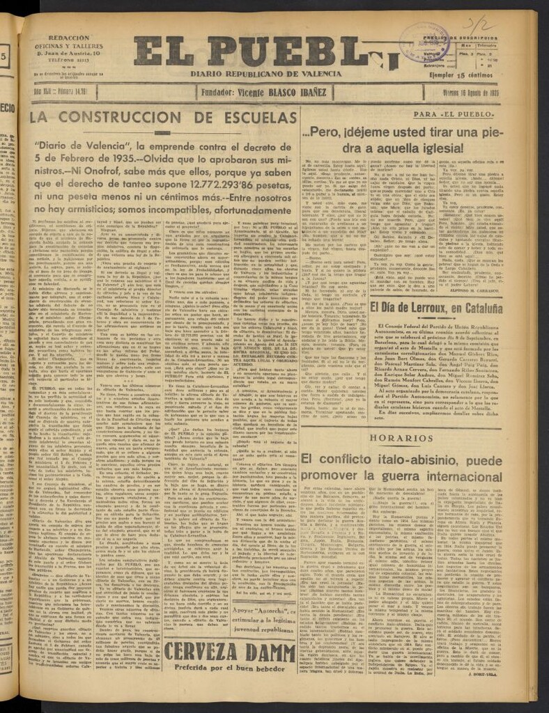 Miniatura de El Pueblo : Diario republicano de Valencia del 16 de agosto de 1935, nº 14.761