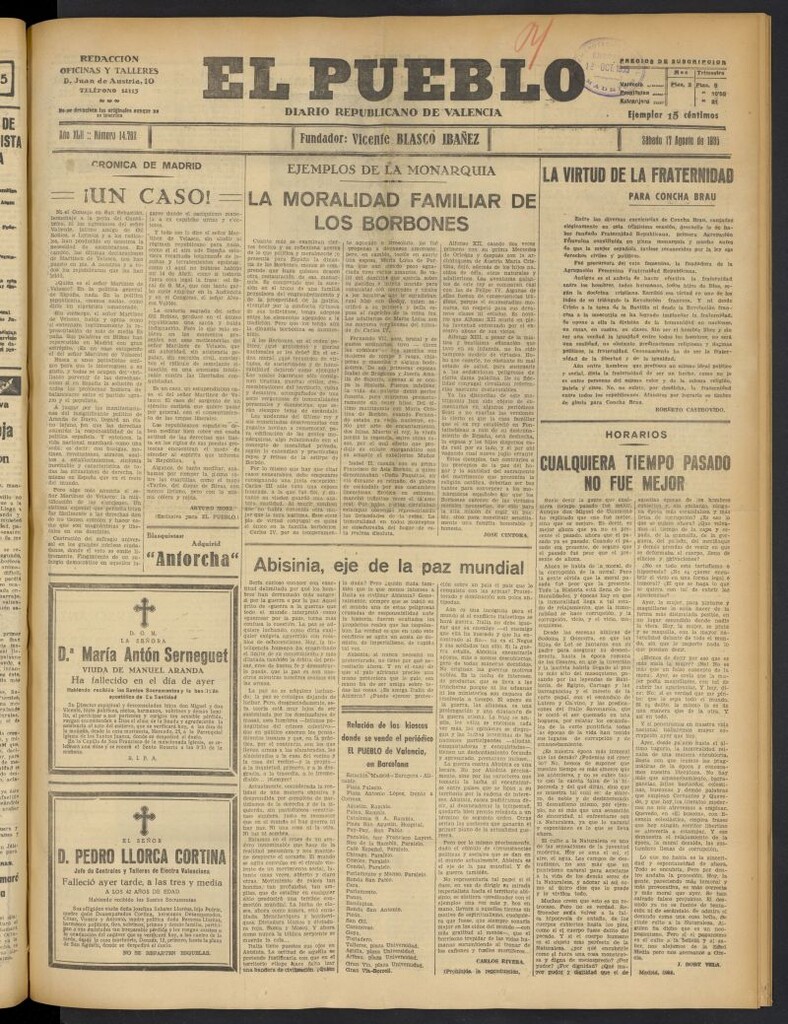 Miniatura de El Pueblo : Diario republicano de Valencia del 17 de agosto de 1935, nº 14.762