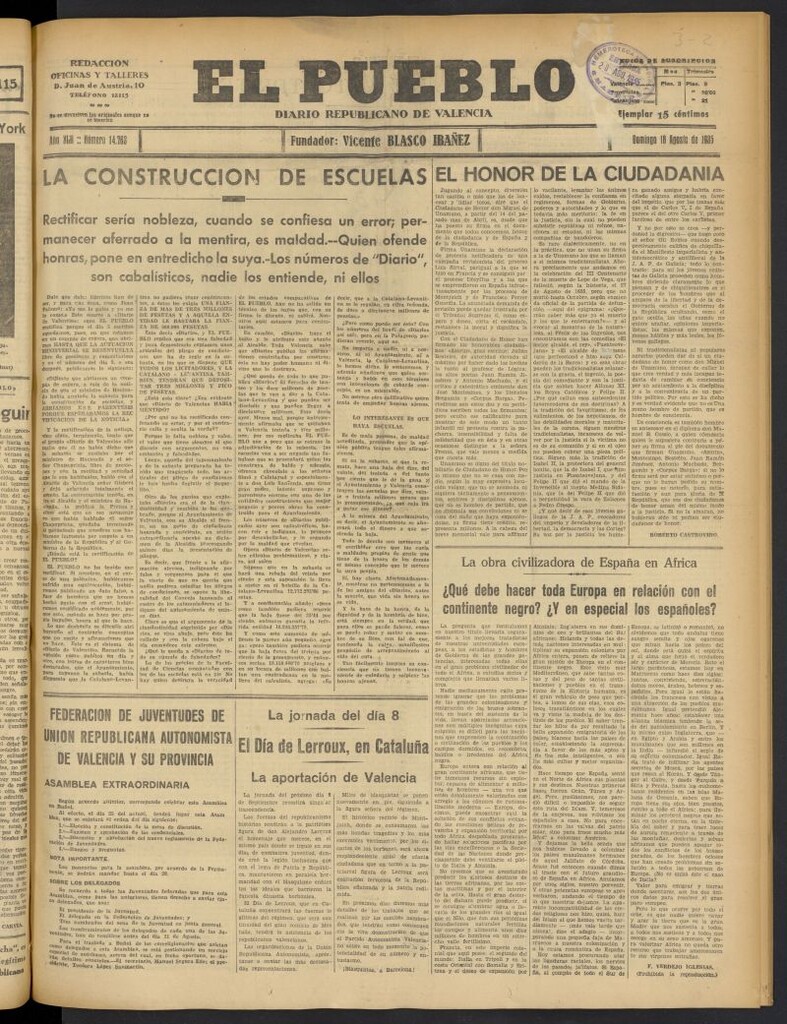 Miniatura de El Pueblo : Diario republicano de Valencia del 18 de agosto de 1935, nº 14.763