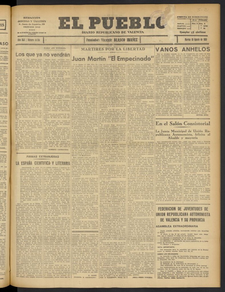 Miniatura de El Pueblo : Diario republicano de Valencia del 20 de agosto de 1935, nº 14.764