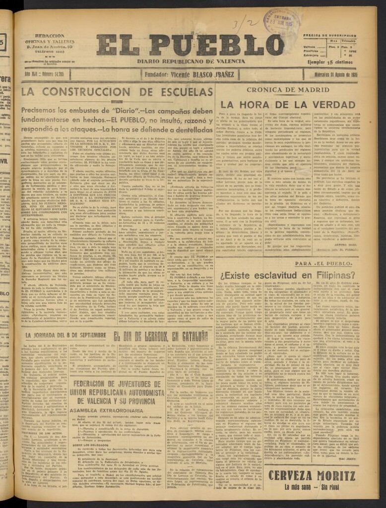 Miniatura de El Pueblo : Diario republicano de Valencia del 21 de agosto de 1935, nº 14.765