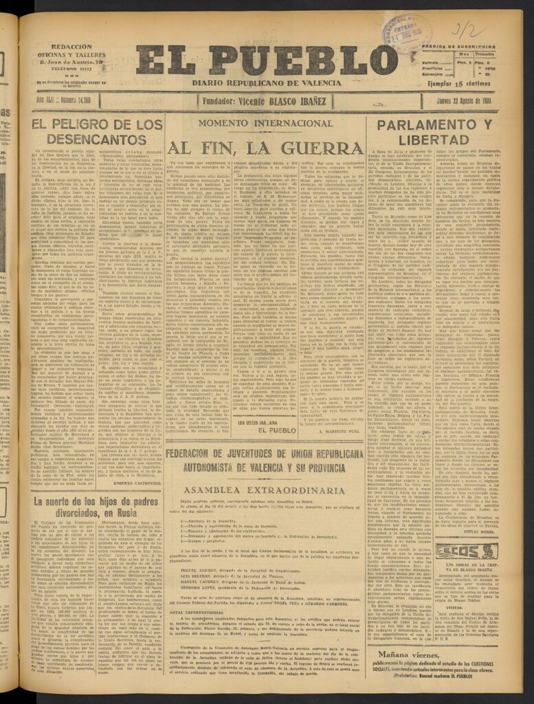 Miniatura de El Pueblo : Diario republicano de Valencia del 22 de agosto de 1935, nº 14.766