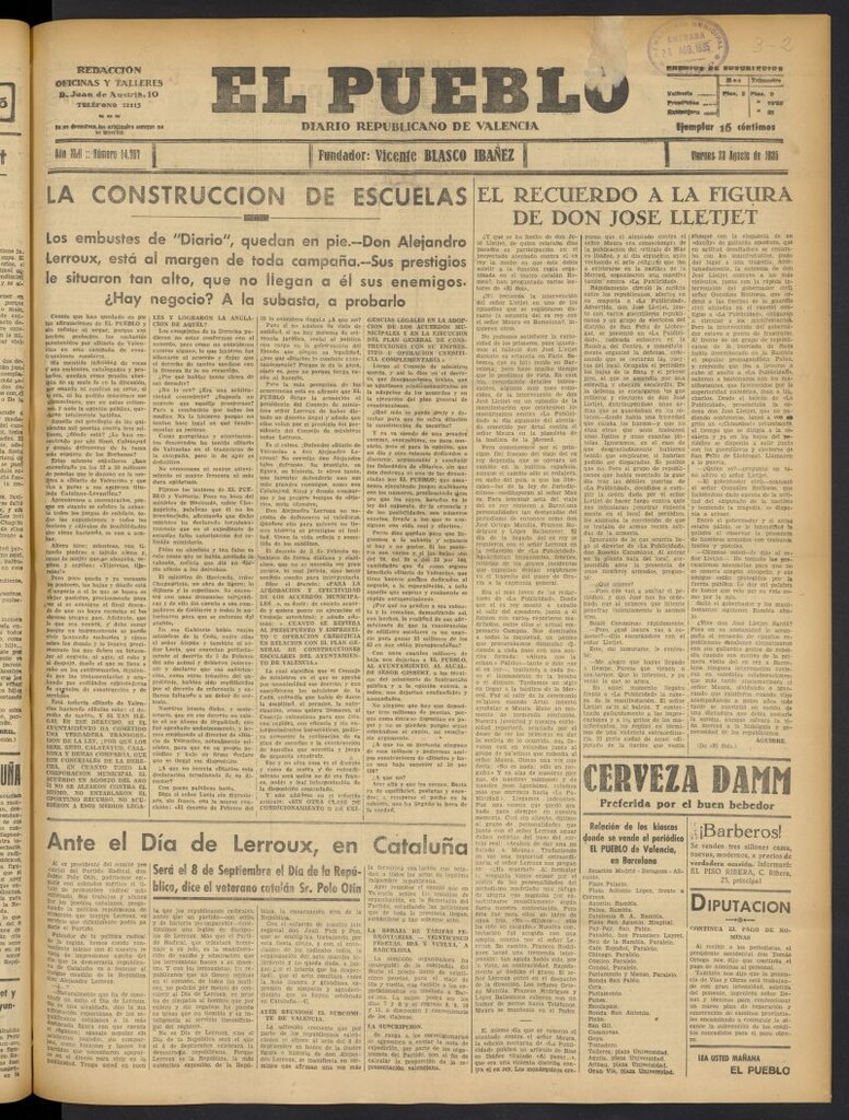 Miniatura de El Pueblo : Diario republicano de Valencia del 23 de agosto de 1935, nº 14.767