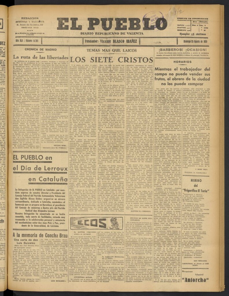 Miniatura de El Pueblo : Diario republicano de Valencia del 25 de agosto de 1935, nº 14.769