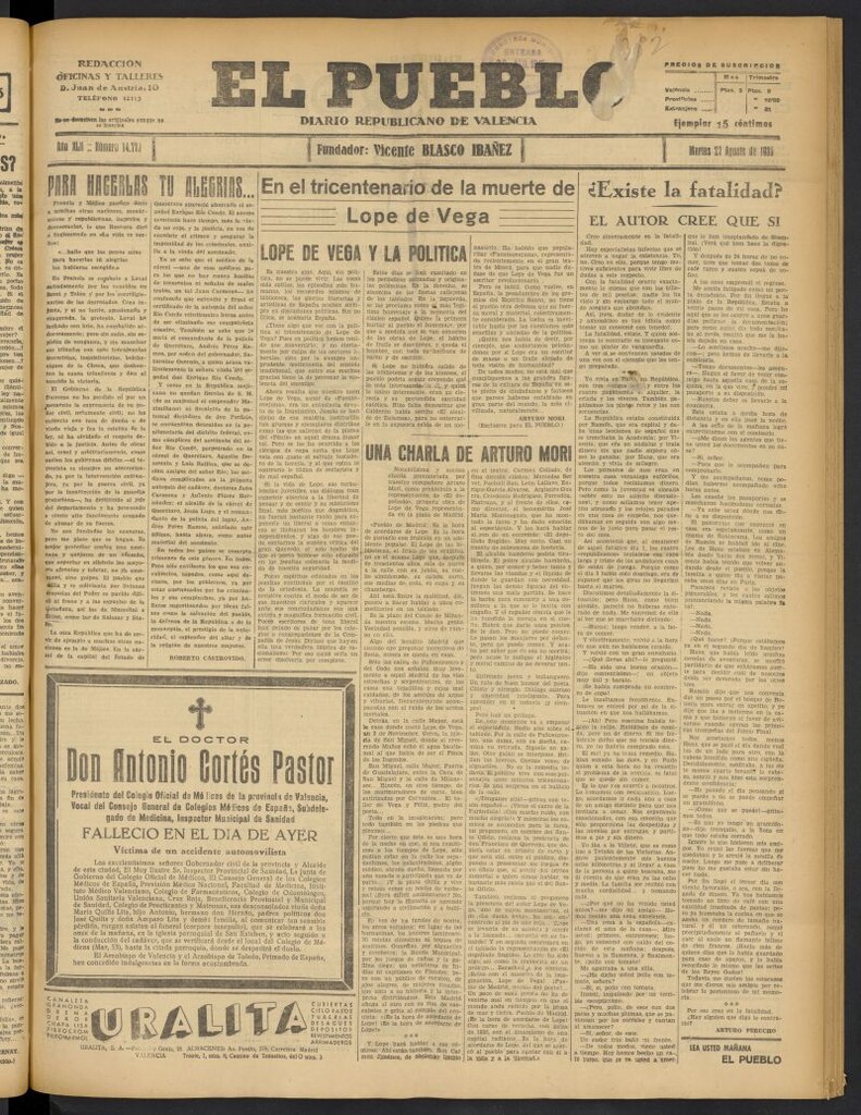 Miniatura de El Pueblo : Diario republicano de Valencia del 27 de agosto de 1935, nº 14.770