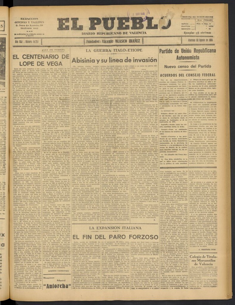 Miniatura de El Pueblo : Diario republicano de Valencia del 30 de agosto de 1935, nº 14.773