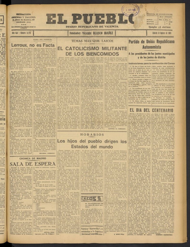 Miniatura de El Pueblo : Diario republicano de Valencia del 31 de agosto de 1935, nº 14.774