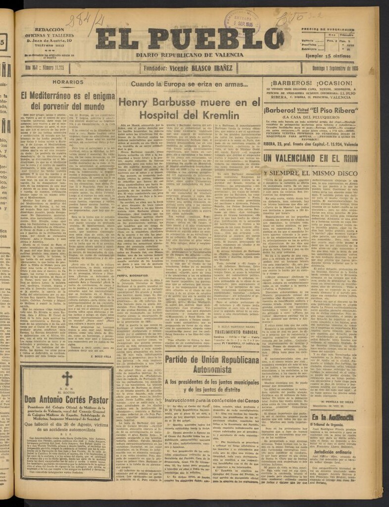 Miniatura de El Pueblo : Diario republicano de Valencia del 1 de septiembre de 1935, nº 14.775