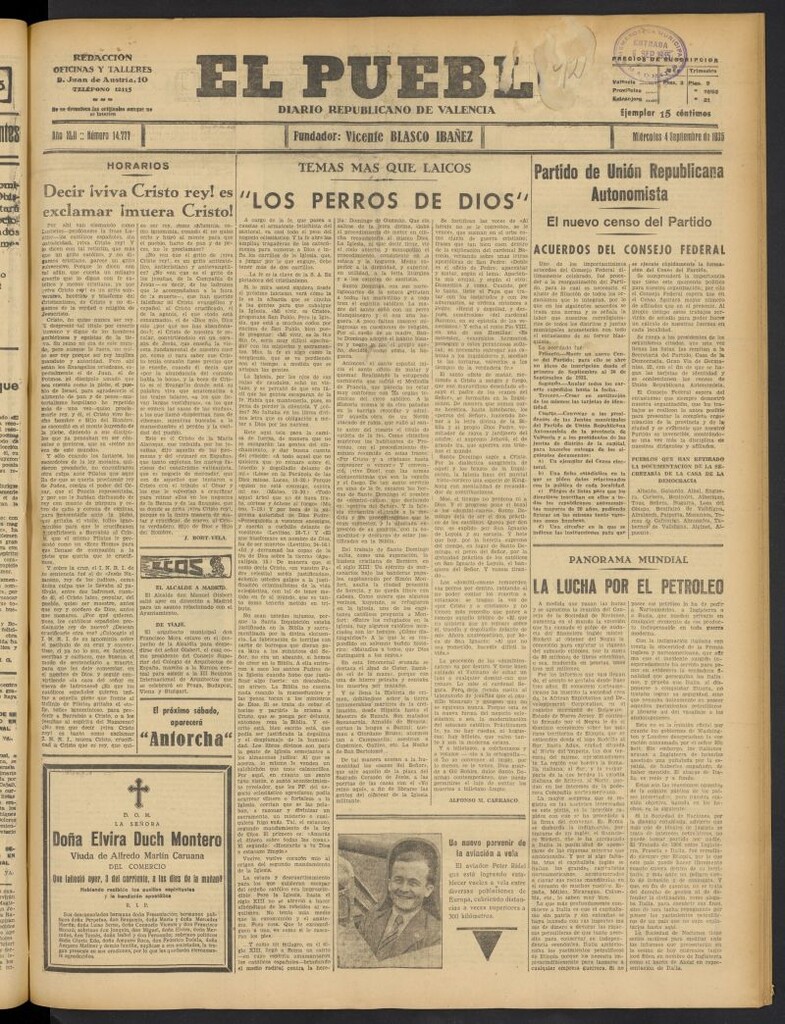 Miniatura de El Pueblo : Diario republicano de Valencia del 4 de septiembre de 1935, nº 14.777