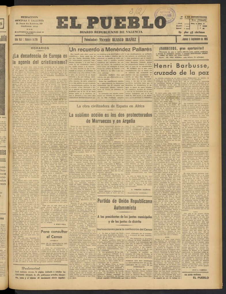 Miniatura de El Pueblo : Diario republicano de Valencia del 5 de septiembre de 1935, nº 14.778