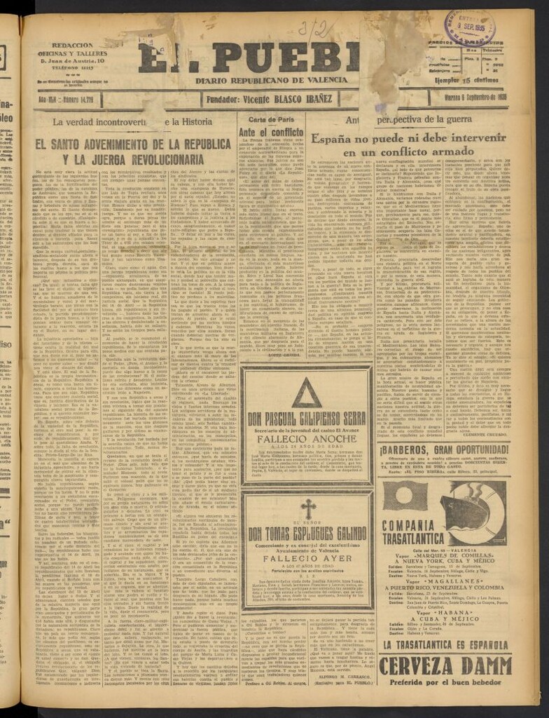 Miniatura de El Pueblo : Diario republicano de Valencia del 6 de septiembre de 1935, nº 14.779