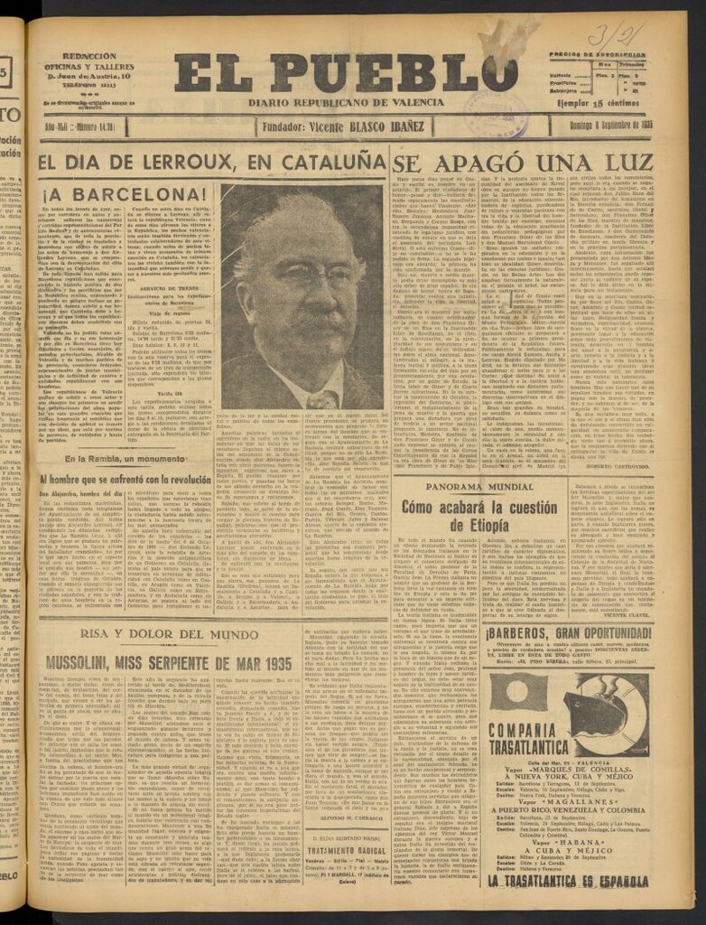 Miniatura de El Pueblo : Diario republicano de Valencia del 8 de septiembre de 1935, nº 14.781