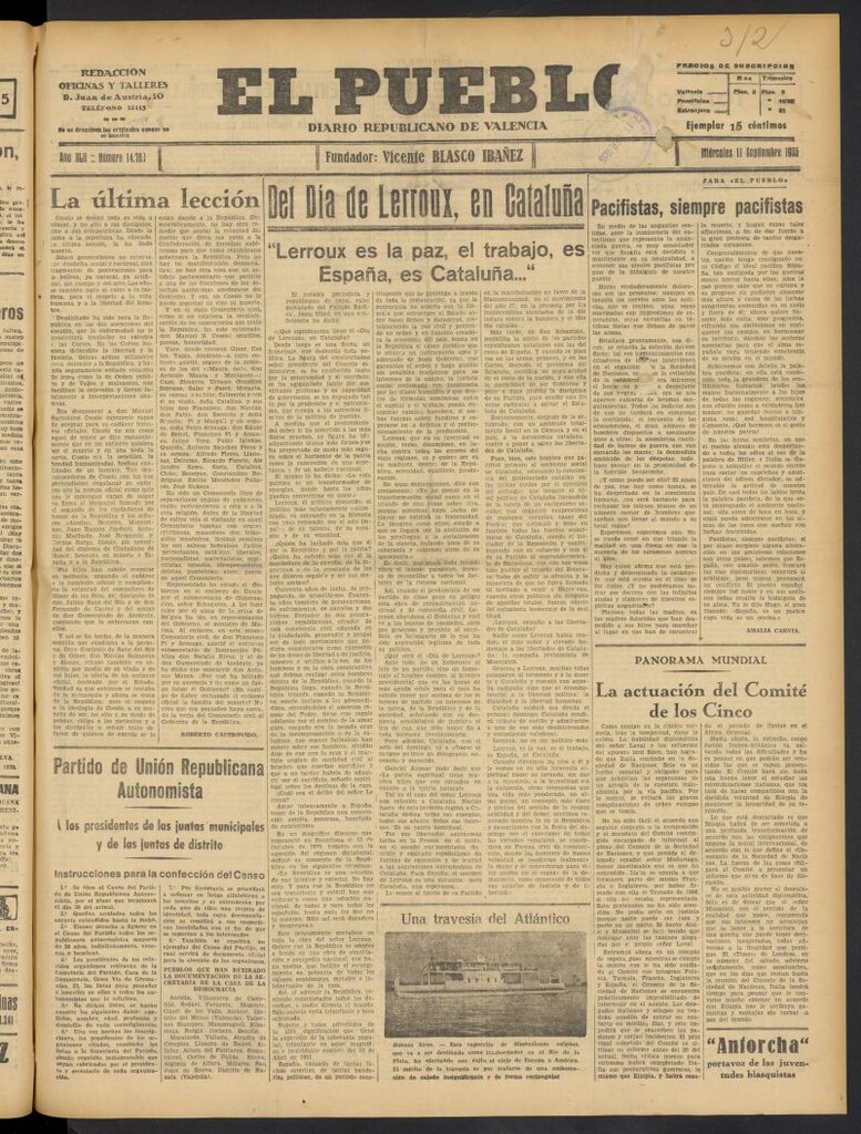 Miniatura de El Pueblo : Diario republicano de Valencia del 11 de septiembre de 1935, nº 14.783