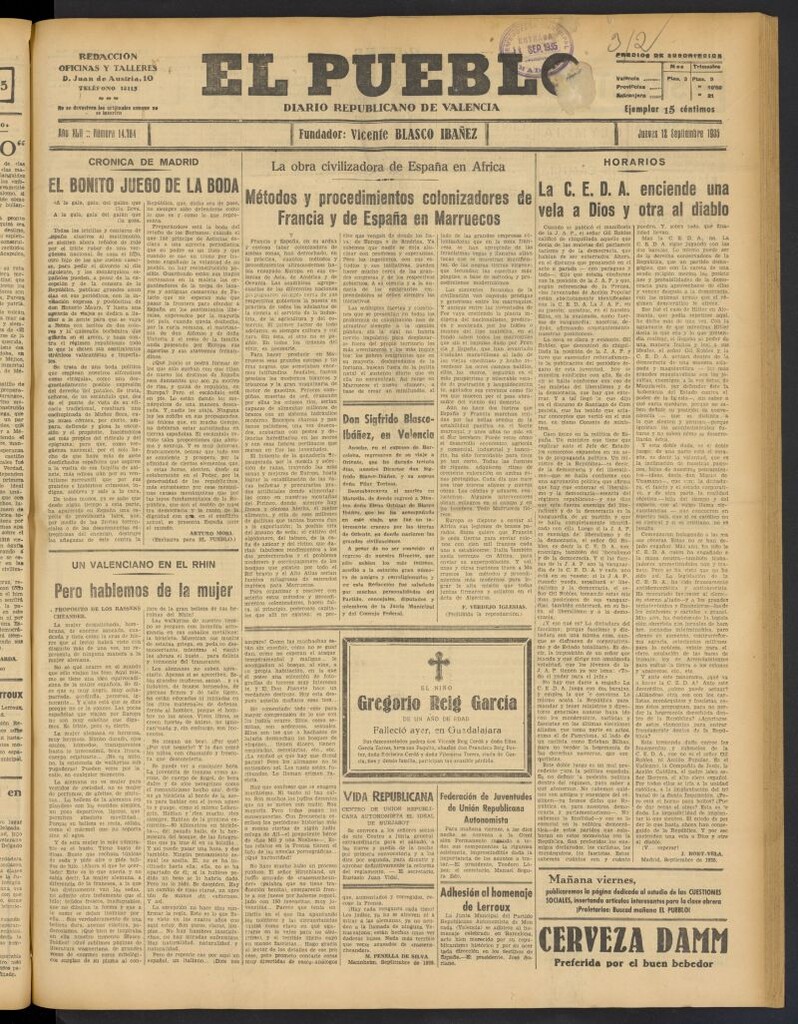 Miniatura de El Pueblo : Diario republicano de Valencia del 12 de septiembre de 1935, nº 14.784