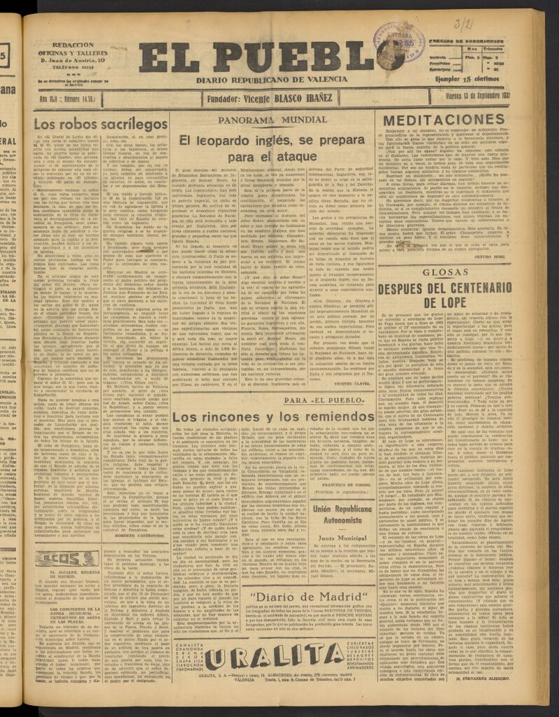 Miniatura de El Pueblo : Diario republicano de Valencia del 13 de septiembre de 1935, nº 14.785