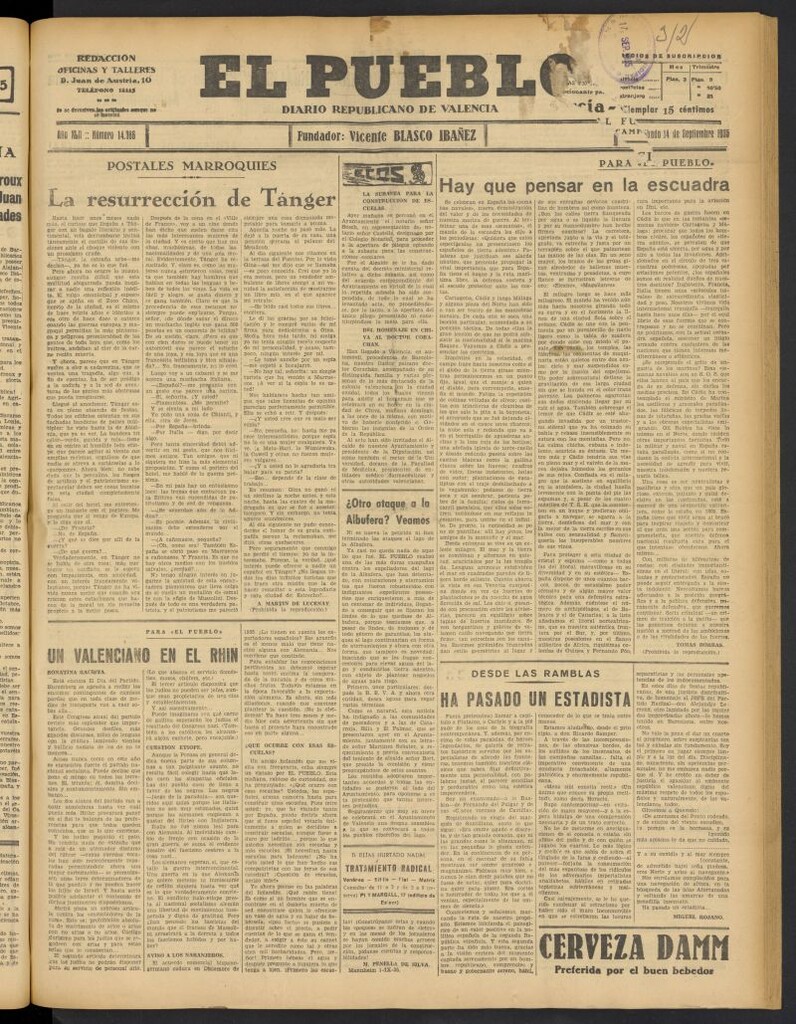 Miniatura de El Pueblo : Diario republicano de Valencia del 14 de septiembre de 1935, nº 14.786