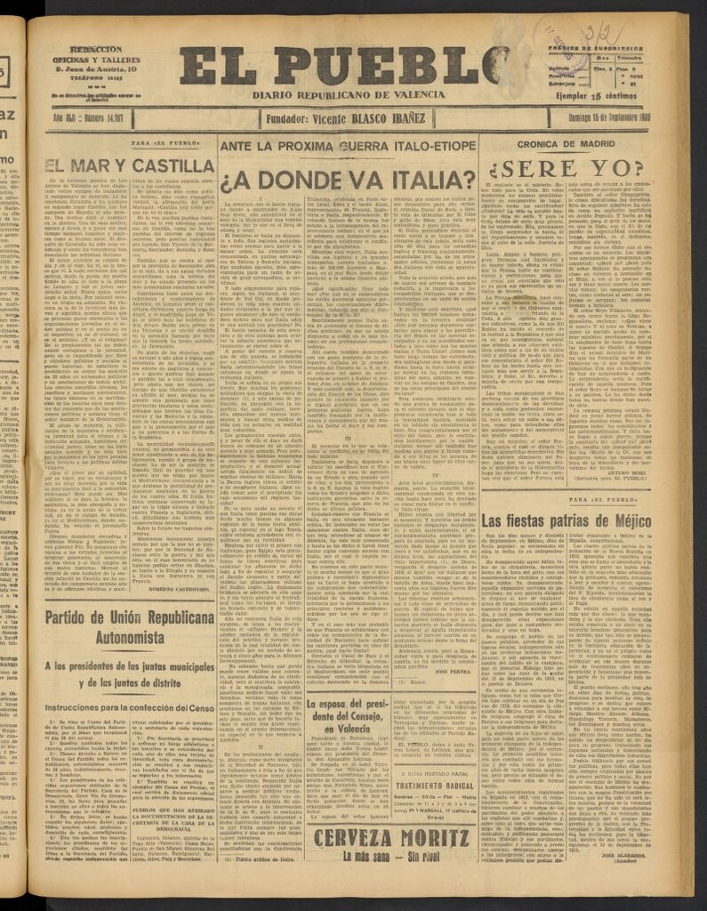 Miniatura de El Pueblo : Diario republicano de Valencia del 15 de septiembre de 1935, nº 14.787