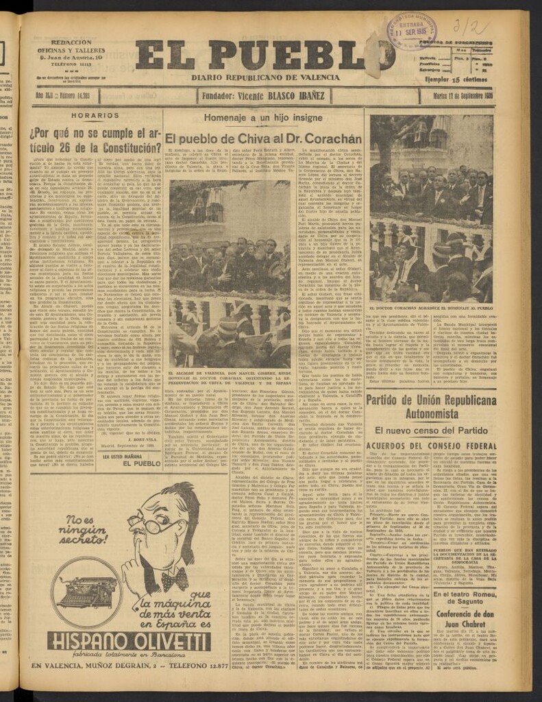 Miniatura de El Pueblo : Diario republicano de Valencia del 17 de septiembre de 1935, nº 14.788