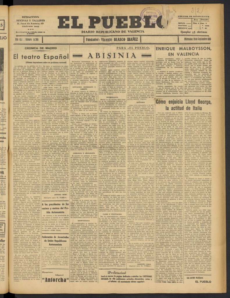 Miniatura de El Pueblo : Diario republicano de Valencia del 18 de septiembre de 1935, nº 14.789