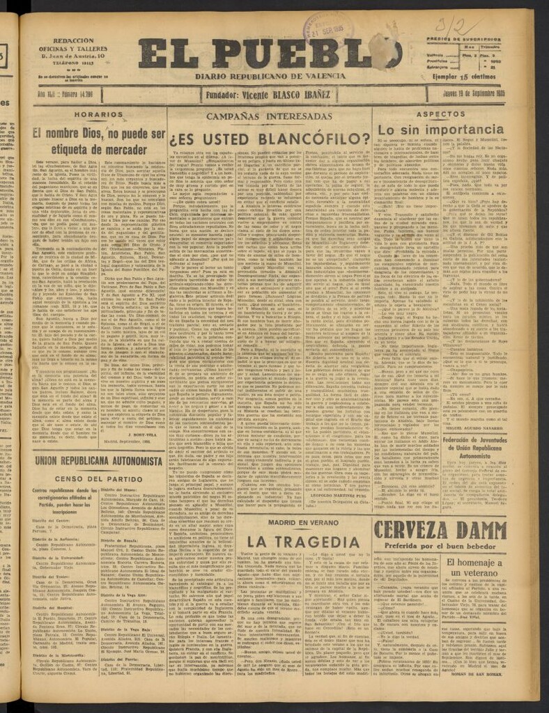 Miniatura de El Pueblo : Diario republicano de Valencia del 19 de septiembre de 1935, nº 14.790