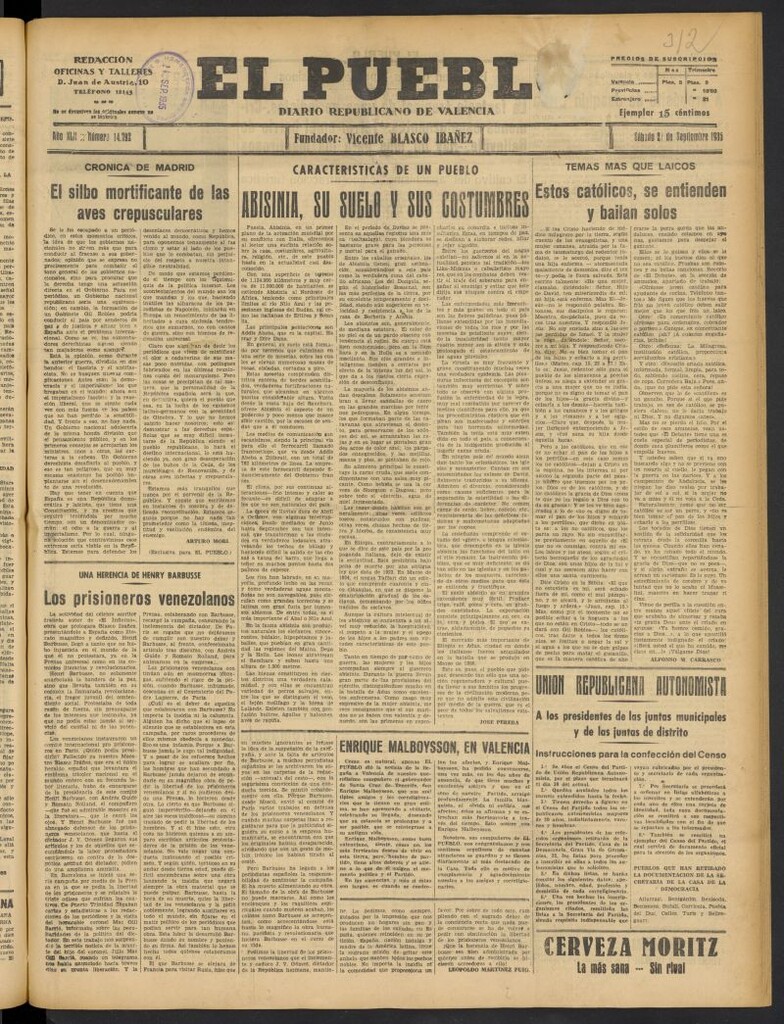 Miniatura de El Pueblo : Diario republicano de Valencia del 21 de septiembre de 1935, nº 14.792