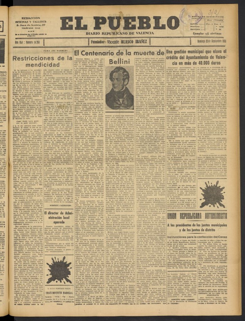 Miniatura de El Pueblo : Diario republicano de Valencia del 22 de septiembre de 1935, nº 14.793