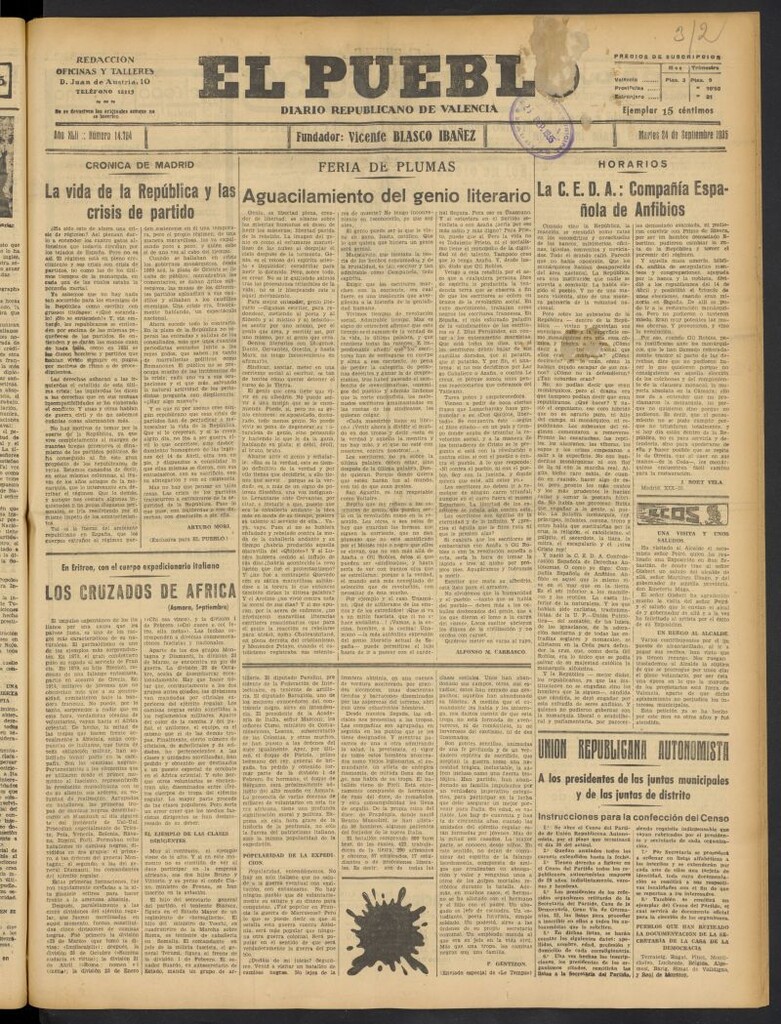 Miniatura de El Pueblo : Diario republicano de Valencia del 24 de septiembre de 1935, nº 14.764 [sic]