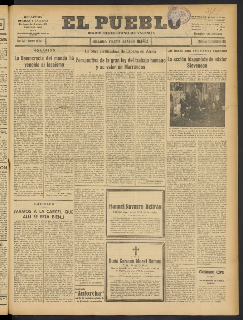 Miniatura de El Pueblo : Diario republicano de Valencia del 25 de septiembre de 1935, nº 14.765