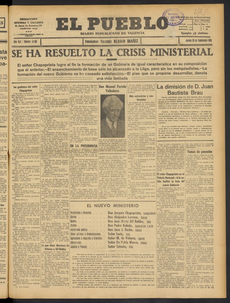 Miniatura de El Pueblo : Diario republicano de Valencia del 26 de septiembre de 1935, nº 14.766