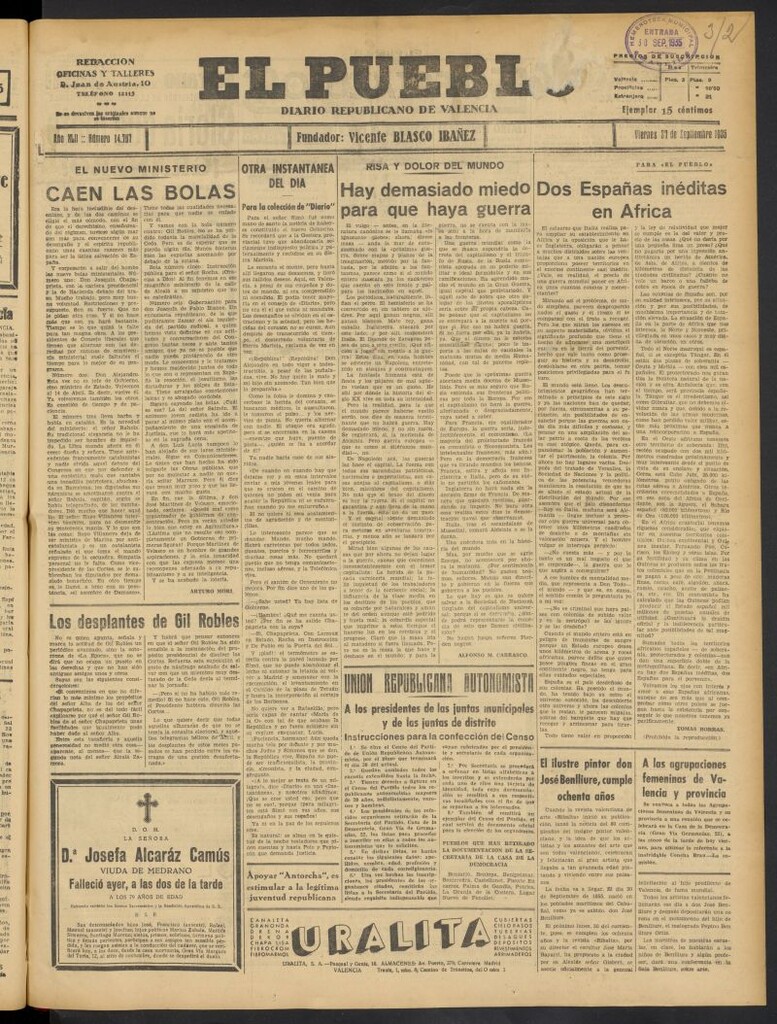 Miniatura de El Pueblo : Diario republicano de Valencia del 27 de septiembre de 1935, nº 14.767