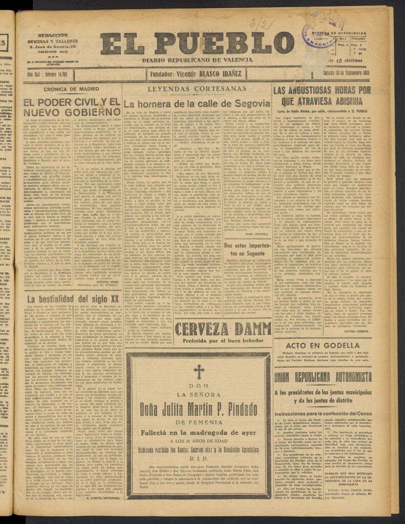 Miniatura de El Pueblo : Diario republicano de Valencia del 28 de septiembre de 1935, nº 14.768