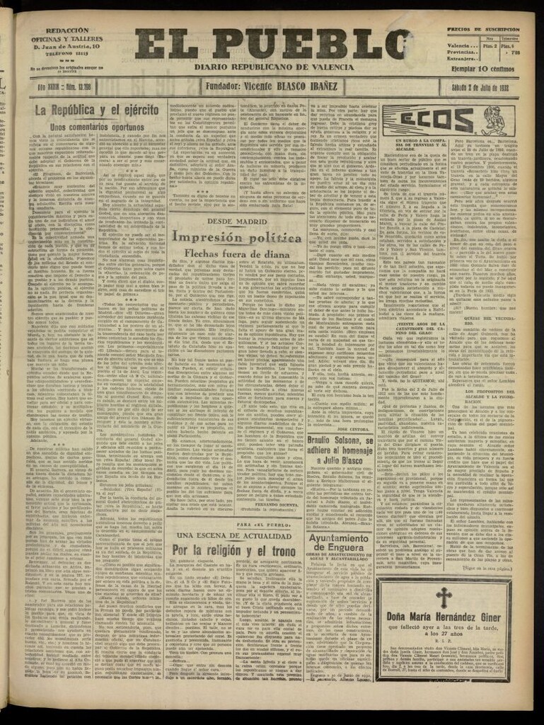 Miniatura de El Pueblo : Diario republicano de Valencia del 2 de julio de 1932, nº 13.798