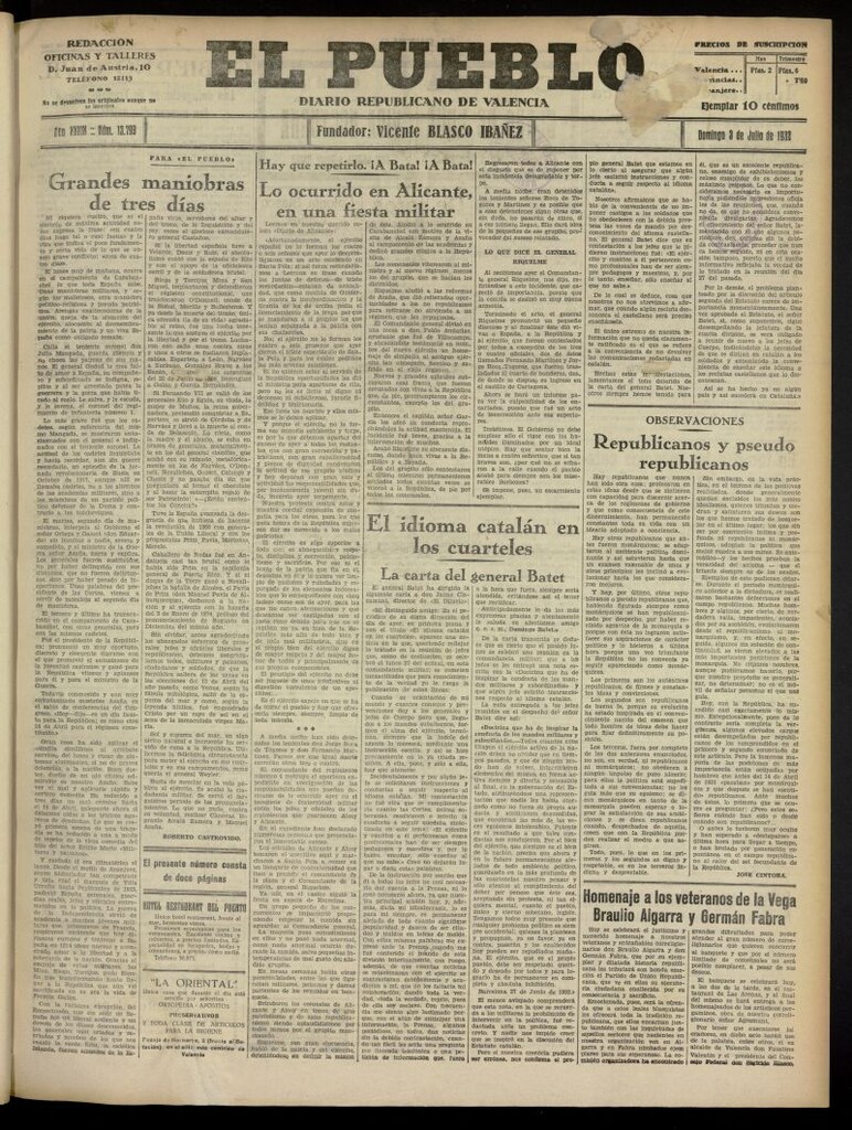 Miniatura de El Pueblo : Diario republicano de Valencia del 3 de julio de 1932, nº 13.799