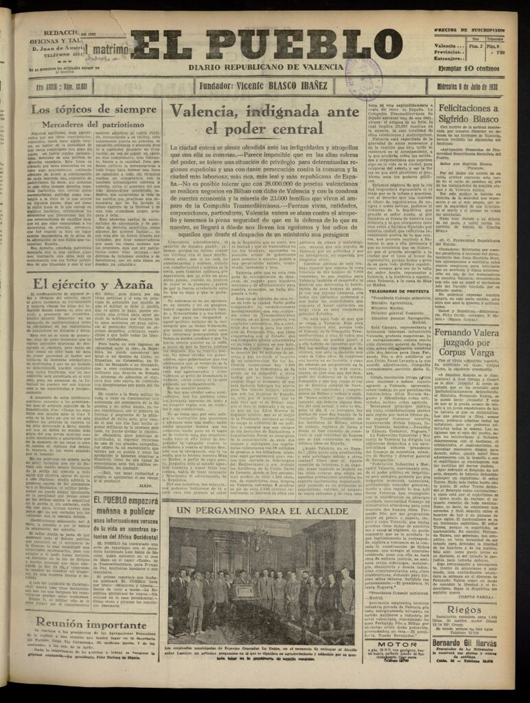 Miniatura de El Pueblo : Diario republicano de Valencia del 6 de julio de 1932, nº 13.801