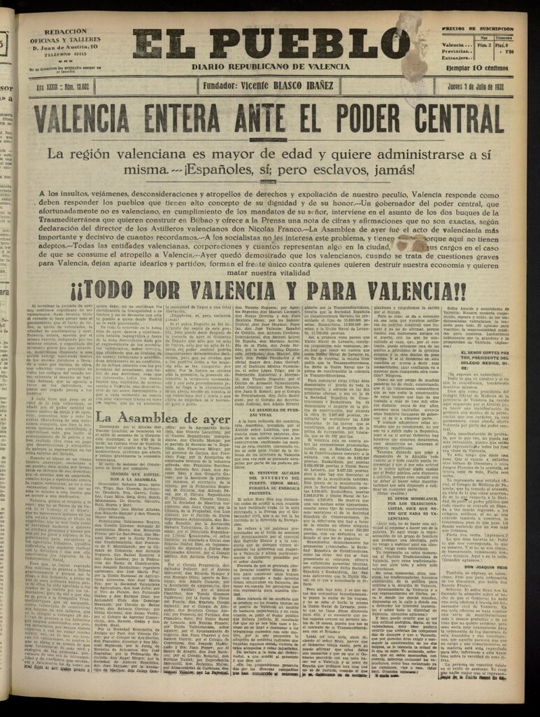 Miniatura de El Pueblo : Diario republicano de Valencia del 7 de julio de 1932, nº 13.802