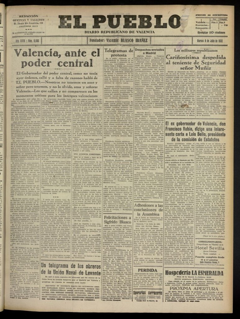 Miniatura de El Pueblo : Diario republicano de Valencia del 8 de julio de 1932, nº 13.803