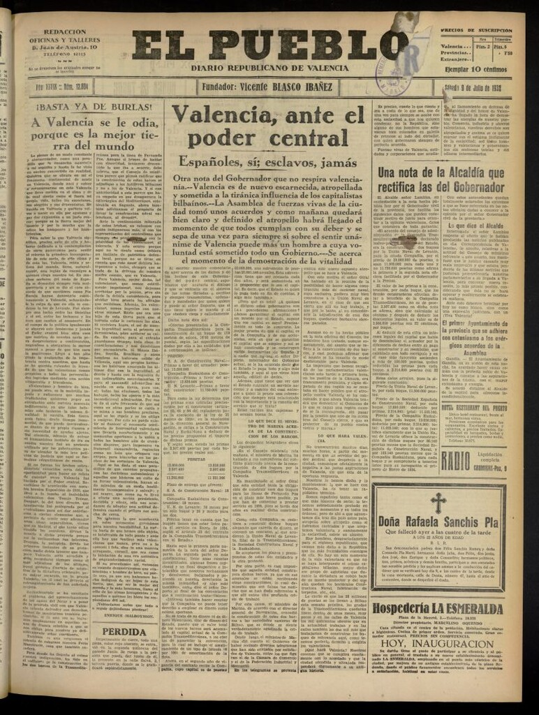 Miniatura de El Pueblo : Diario republicano de Valencia del 9 de julio de 1932, nº 13.804
