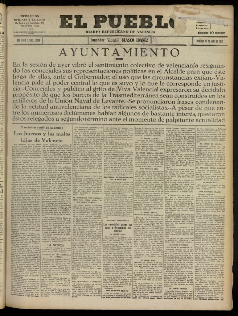 Miniatura de El Pueblo : Diario republicano de Valencia del 10 de julio de 1932, nº 13.805