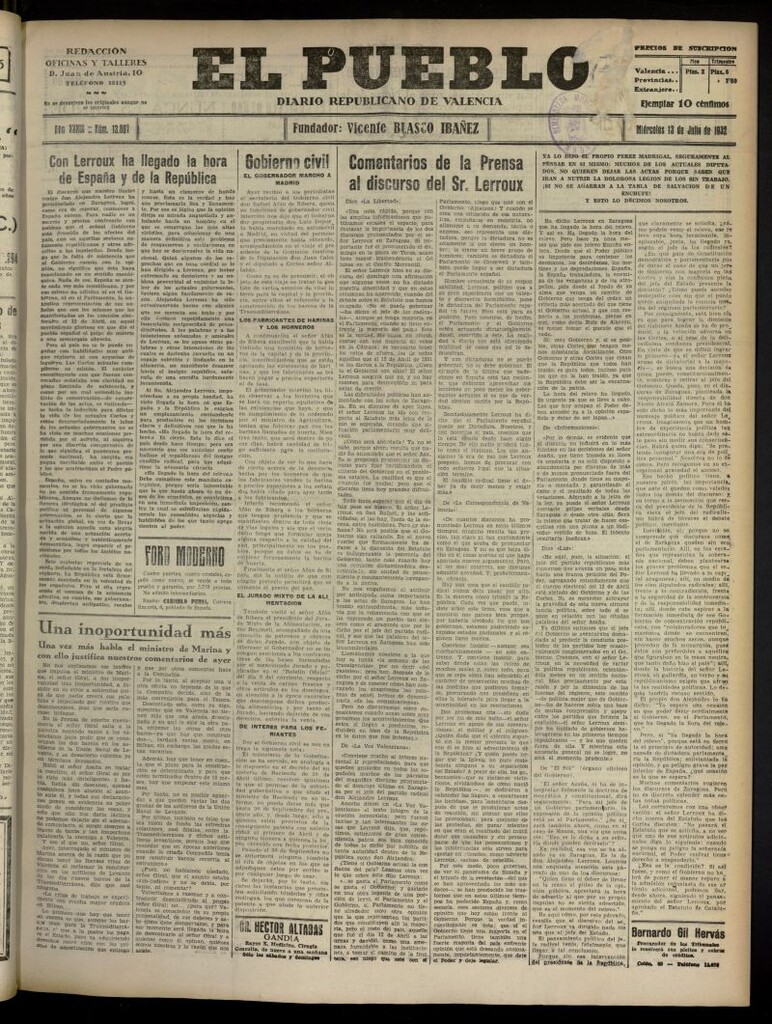 Miniatura de El Pueblo : Diario republicano de Valencia del 13 de julio de 1932, nº 13.807