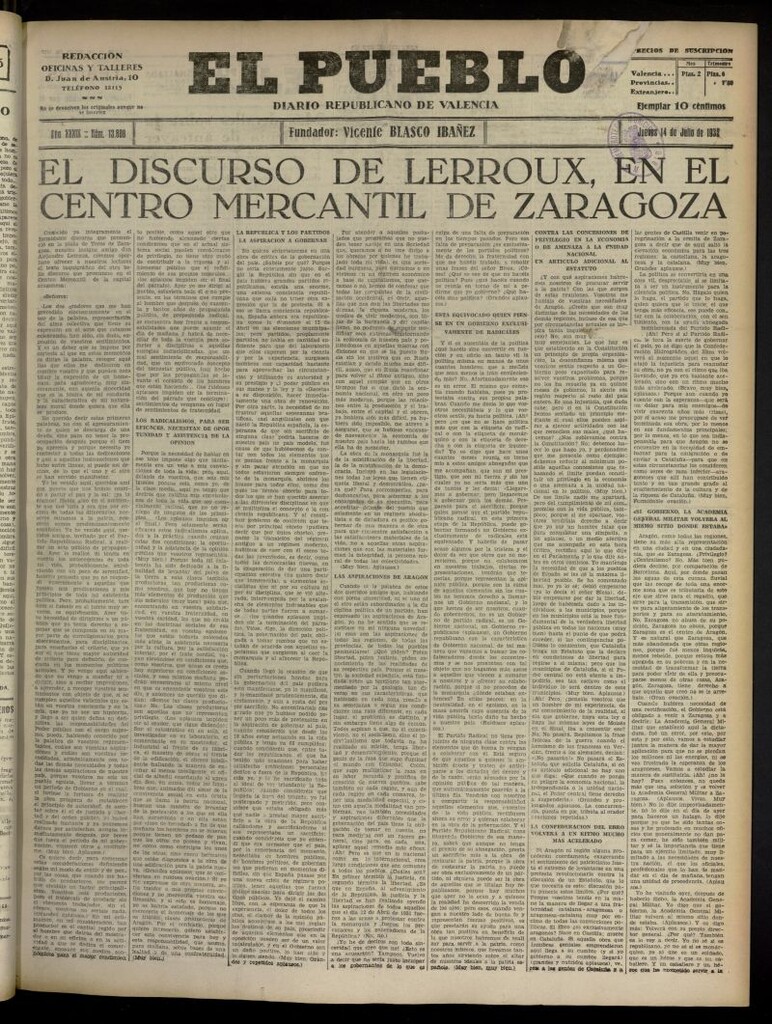 Miniatura de El Pueblo : Diario republicano de Valencia del 14 de julio de 1932, nº 13.808