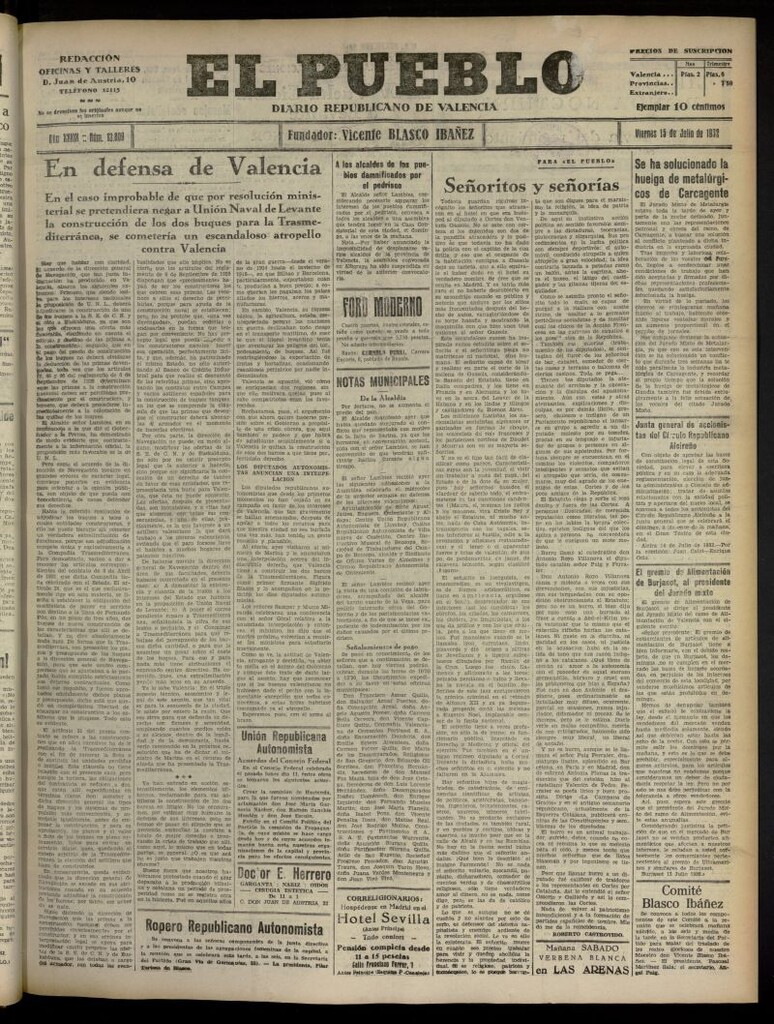 Miniatura de El Pueblo : Diario republicano de Valencia del 15 de julio de 1932, nº 13.809