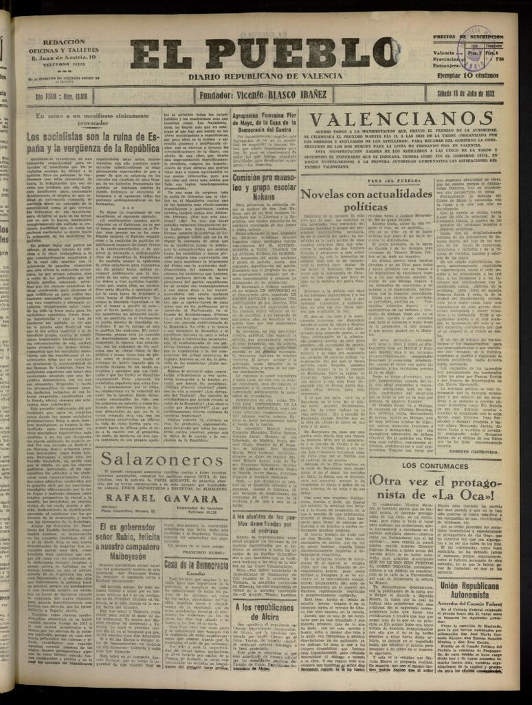 Miniatura de El Pueblo : Diario republicano de Valencia del 16 de julio de 1932, nº 13.810