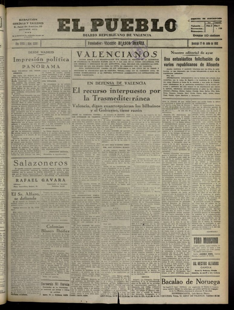 Miniatura de El Pueblo : Diario republicano de Valencia del 17 de julio de 1932, nº 13.811