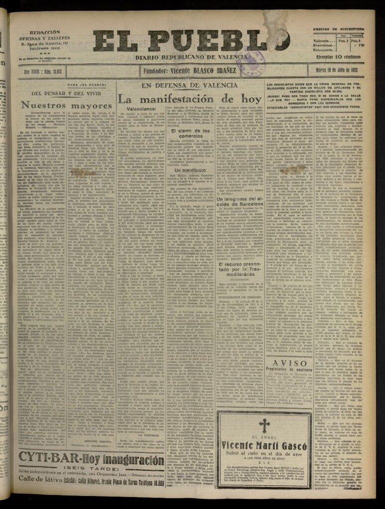 Miniatura de El Pueblo : Diario republicano de Valencia del 19 de julio de 1932, nº 13.812