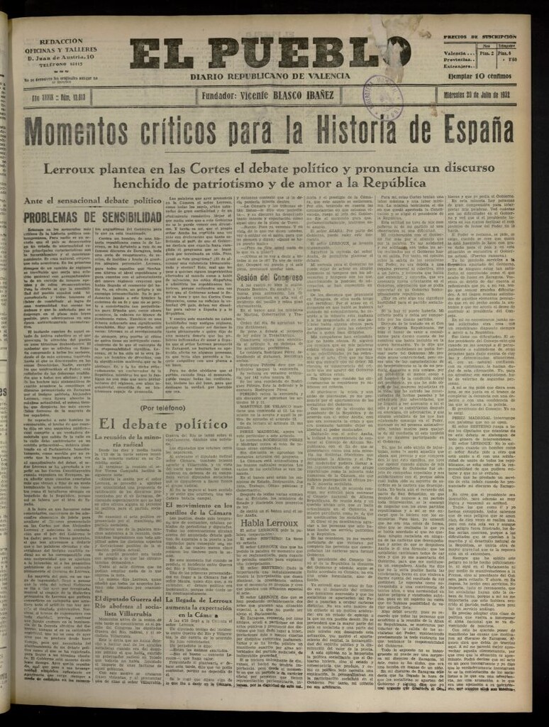 Miniatura de El Pueblo : Diario republicano de Valencia del 20 de julio de 1932, nº 13.813