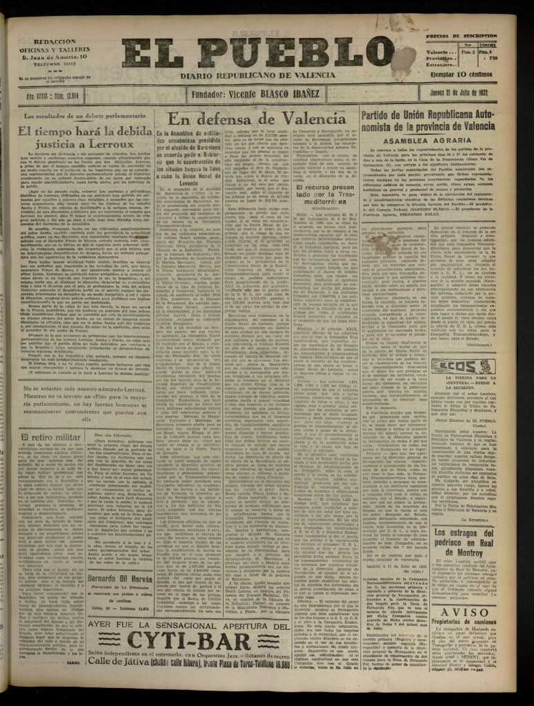 Miniatura de El Pueblo : Diario republicano de Valencia del 21 de julio de 1932, nº 13.814
