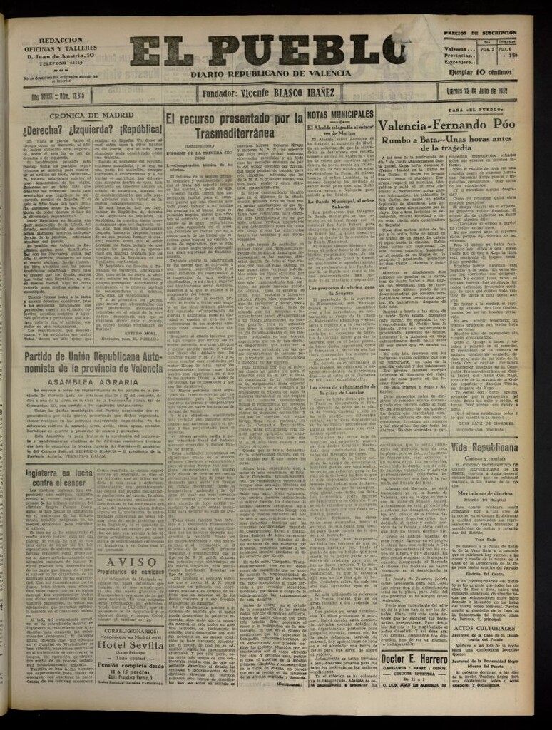 Miniatura de El Pueblo : Diario republicano de Valencia del 22 de julio de 1932, nº 13.815