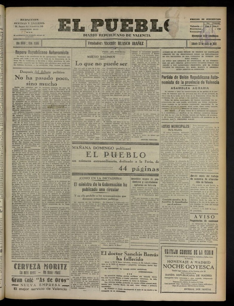 Miniatura de El Pueblo : Diario republicano de Valencia del 23 de julio de 1932, nº 13.816