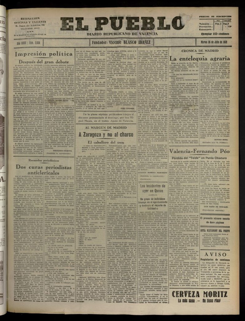 Miniatura de El Pueblo : Diario republicano de Valencia del 26 de julio de 1932, nº 13.818